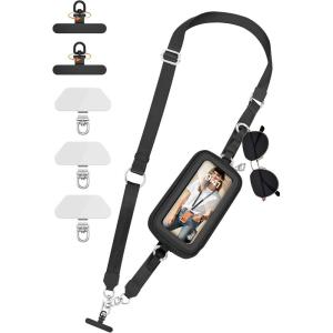 takyu Crossbody Phone Strap with Wallet (Black) and 3 Pack Metal Phone Tether Tab (Silver)