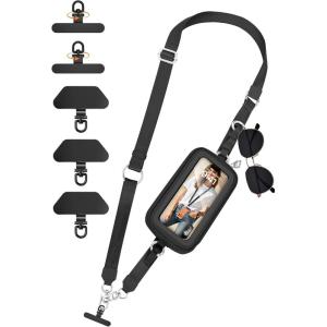 takyu Crossbody Phone Strap with Wallet (Black) and 3 Pack Metal Phone Tether Tab (Black)