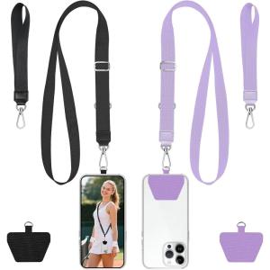 takyu Phone Lanyard, 2 Pack Adjustable Anti-Drop Neck/Wrist Strap with 2 PcsTether Patches, Secure Hands-Free Compatible for iPhone Samsung Perfect for Nurses, Teachers, Travel, Hiking Black+Purple(Black + Qpurple)