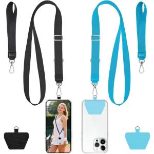 takyu Phone Lanyard, 2 Pack Adjustable Anti-Drop Neck/Wrist Strap with 2 PcsTether Patches, Secure Hands-Free Compatible for iPhone Samsung Perfect for Nurses, Teachers, Travel, Hiking Black+Purple(Black + Blue)