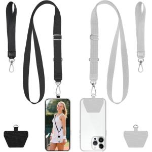 takyu Phone Lanyard, 2 Pack Adjustable Anti-Drop Neck/Wrist Strap with 2 PcsTether Patches, Secure Hands-Free Compatible for iPhone Samsung Perfect for Nurses, Teachers, Travel, Hiking Black+Purple(Black + Grey)