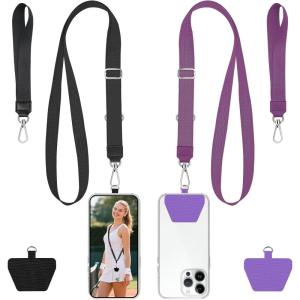 takyu Phone Lanyard, 2 Pack Adjustable Anti-Drop Neck/Wrist Strap with 2 PcsTether Patches, Secure Hands-Free Compatible for iPhone Samsung Perfect for Nurses, Teachers, Travel, Hiking Black+Purple(Black + Purple)
