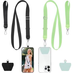 takyu Phone Lanyard, 2 Pack Adjustable Anti-Drop Neck/Wrist Strap with 2 PcsTether Patches, Secure Hands-Free Compatible for iPhone Samsung Perfect for Nurses, Teachers, Travel, Hiking Black+Purple(Black + Qgreen)