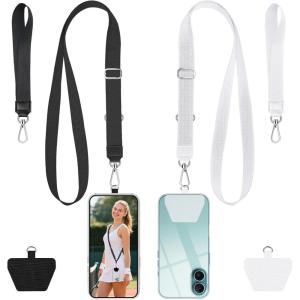 takyu Phone Lanyard, 2 Pack Adjustable Anti-Drop Neck/Wrist Strap with 2 PcsTether Patches, Secure Hands-Free Compatible for iPhone Samsung Perfect for Nurses, Teachers, Travel, Hiking Black+Purple(Black + White)