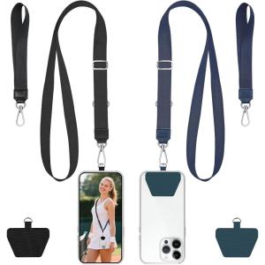 takyu Phone Lanyard, 2 Pack Adjustable Anti-Drop Neck/Wrist Strap with 2 PcsTether Patches, Secure Hands-Free Compatible for iPhone Samsung Perfect for Nurses, Teachers, Travel, Hiking Black+Purple(Black + Darkblue)