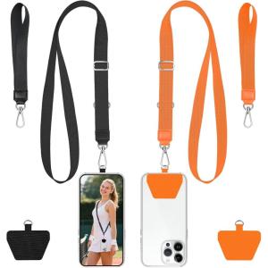 takyu Phone Lanyard, 2 Pack Adjustable Anti-Drop Neck/Wrist Strap with 2 PcsTether Patches, Secure Hands-Free Compatible for iPhone Samsung Perfect for Nurses, Teachers, Travel, Hiking Black+Purple(Black + Orange)