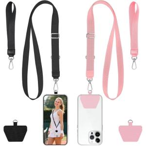 takyu Phone Lanyard, 2 Pack Adjustable Anti-Drop Neck/Wrist Strap with 2 PcsTether Patches, Secure Hands-Free Compatible for iPhone Samsung Perfect for Nurses, Teachers, Travel, Hiking Black+Purple(Black + Pink)