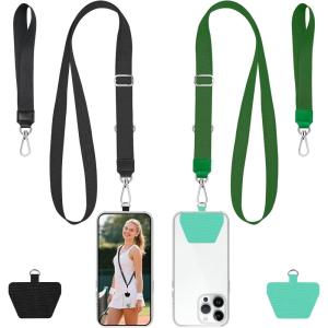 takyu Phone Lanyard, 2 Pack Adjustable Anti-Drop Neck/Wrist Strap with 2 PcsTether Patches, Secure Hands-Free Compatible for iPhone Samsung Perfect for Nurses, Teachers, Travel, Hiking Black+Purple(Black + Dgreen)