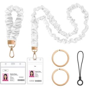 takyu Scrunchie Lanyard for Id Badges, Neck and Wrist Teacher Lanyard with Id Holder, Stretchy Lanyards for Women Keys Keychain Cruise Ship Cards，Pink(Beige)