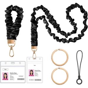 takyu Scrunchie Lanyard for Id Badges, Neck and Wrist Teacher Lanyard with Id Holder, Stretchy Lanyards for Women Keys Keychain Cruise Ship Cards，Pink(Black)