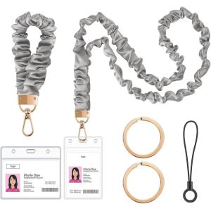 takyu Scrunchie Lanyard for Id Badges, Neck and Wrist Teacher Lanyard with Id Holder, Stretchy Lanyards for Women Keys Keychain Cruise Ship Cards，Pink(Grey)