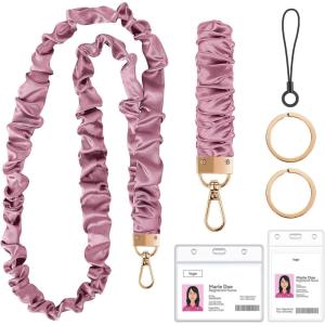 takyu Scrunchie Lanyard for Id Badges, Neck and Wrist Teacher Lanyard with Id Holder, Stretchy Lanyards for Women Keys Keychain Cruise Ship Cards，Pink(Light Purple)