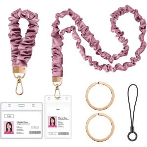 takyu Scrunchie Lanyard for Id Badges, Neck and Wrist Teacher Lanyard with Id Holder, Stretchy Lanyards for Women Keys Keychain Cruise Ship Cards，Pink(Purple)