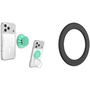 Bundle of PopSockets Low-Pro Grip for MagSafe, Thin Profile- Mint + PopSockets Low-Pro Grip Surface Mount Adapter- Black